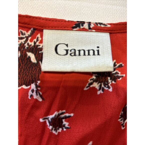 GANNI Rosemary Coral Red Pleated Flowers Floral Tiered Ruffle Summer Dress Sz XS - Picture 5 of 16